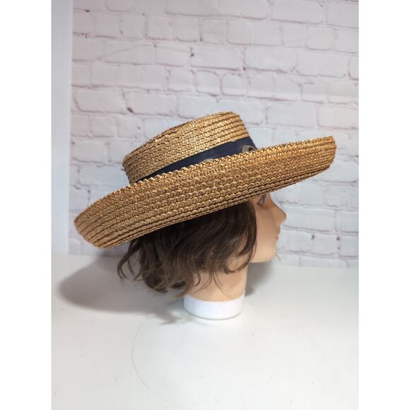 VTG Eric Javits Golden Straw Hat Sun Wide Brim Wide Band Brass And Stone Details - Picture 10 of 16
